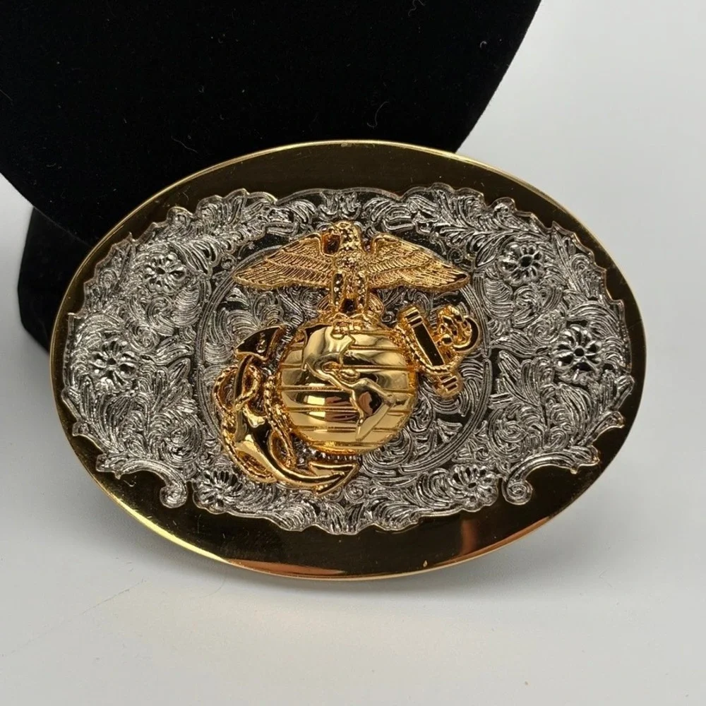 USMC Marine Corps Eagle Globe and Anchor Two Tone Gold Silver Belt Buckle EGA